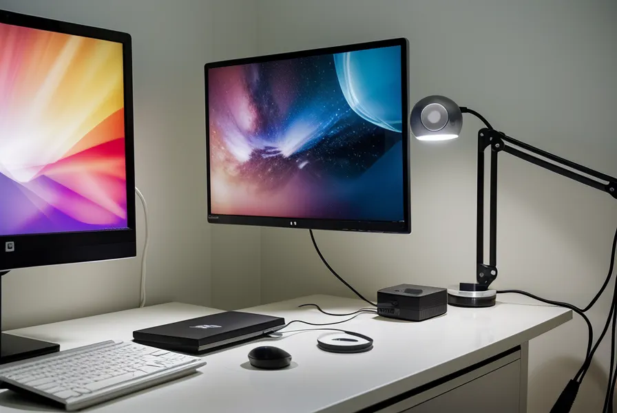 Professionelles Webinar-Setup mit Mikrofon und Monitor, der eine Live-Präsentation zeigt.