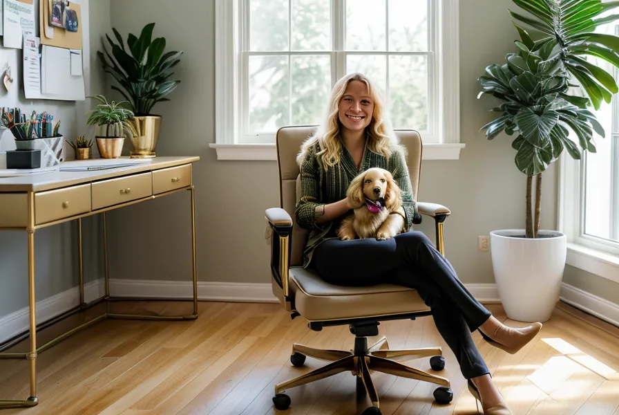 Zufriedene Kurserstellerin in ihrem organisierten Homeoffice mit ihrem Hund.