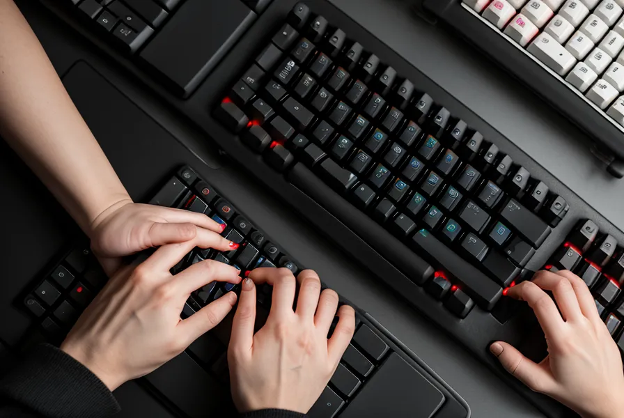 Hände an einer mechanischen Tastatur und Smartphone mit Landingpage Mobilvorschau