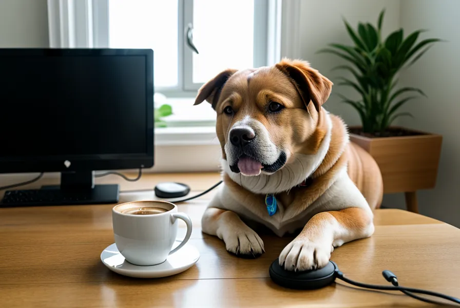 Hund schläft entspannt neben dem Schreibtisch im Homeoffice