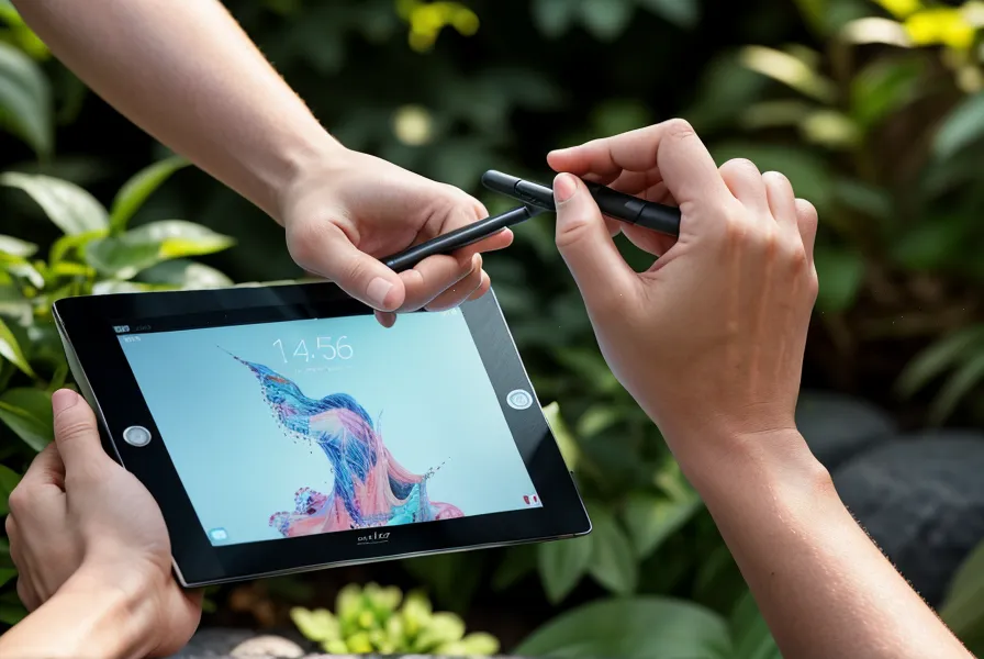 Nahaufnahme einer Person die eine Website am iPad in einem Garten bearbeitet
