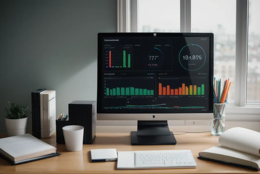 Nahaufnahme eines GA4 Dashboards und eines Planers auf einem Schreibtisch.