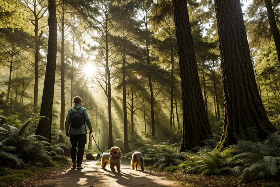 Eine Kurserstellerin geht mit ihrem Hund im Wald spazieren und erhält Verkaufsbenachrichtigungen auf ihr Handy.