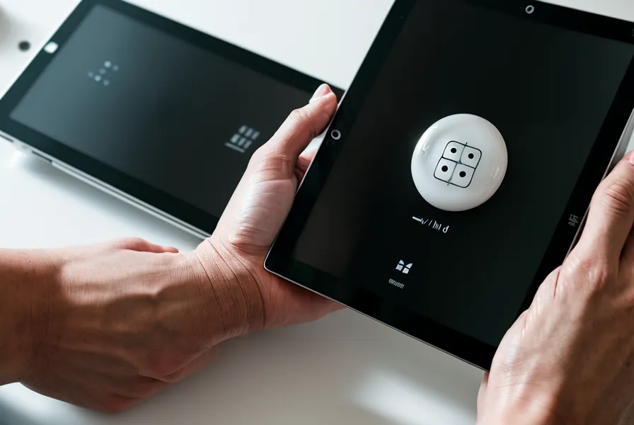 Nahaufnahme einer Hand, die auf einem Tablet auf einen Kaufen-Button klickt.