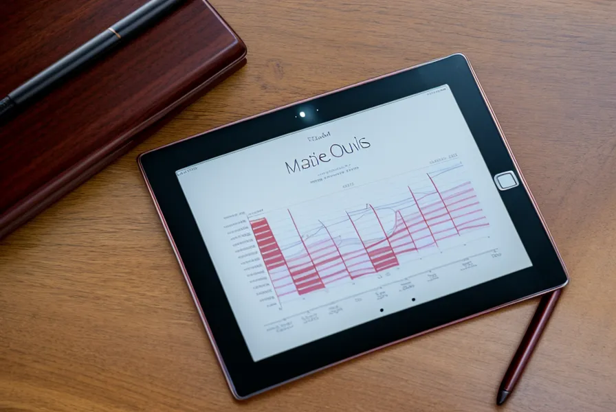 Tablet mit Verkaufsstatistiken und Conversion-Charts auf einem Schreibtisch.