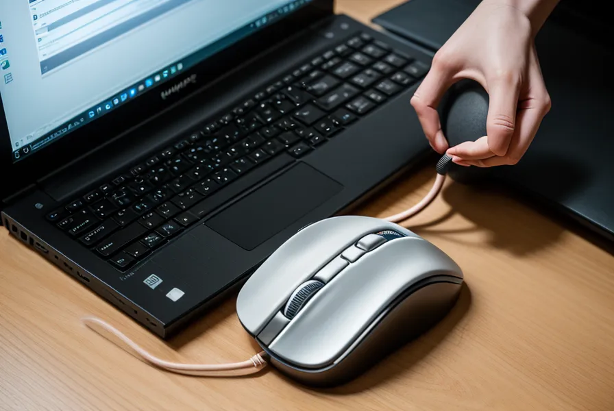 Nahaufnahme einer Hand an der Computermaus neben einer mechanischen Tastatur im Homeoffice
