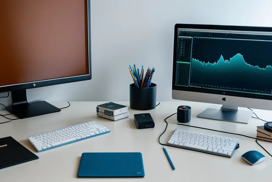 Zwei Monitore zeigen den Vergleich zwischen komplexer Event-Software und einfachem Editor.